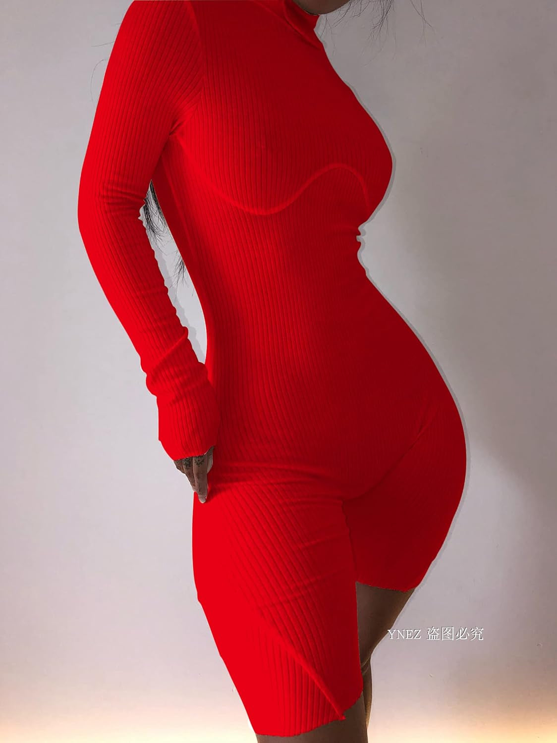 Women Sexy High Neck Long Sleeve Bodycon Romper Jumpsuit Rib Outfits (Medium, Red)