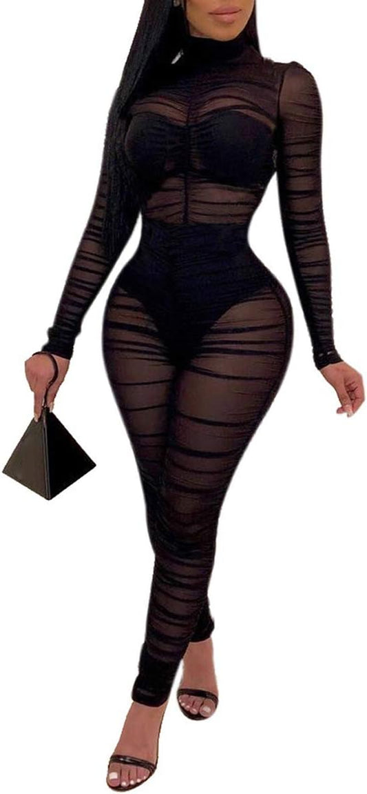 Women One Piece Outfits Mesh Sheer Bodycon Jumpsuit Long Sleeve See through Party Club Outfits for Women