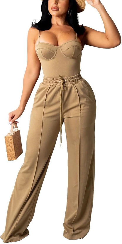 Lounge Sets for Women Two Piece Outfits - Fall Outfits for Women Workout Sets 2 Piece Jumpsuit Spaghetti Straps Crop Top Wide Leg Long Pants with Pockets Sweatsuits Set Clubwear Brown, XL