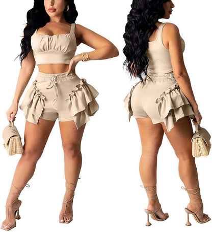 Women'S Summer Two Piece Outfit-Tank Crop Top and Ruffle Bodycon Shorts Club Set Large