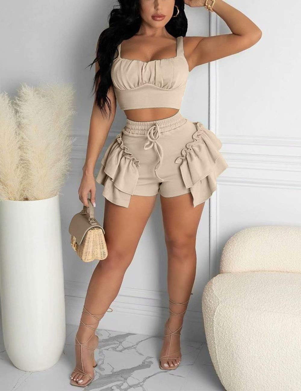 Women'S Summer Two Piece Outfit-Tank Crop Top and Ruffle Bodycon Shorts Club Set Large