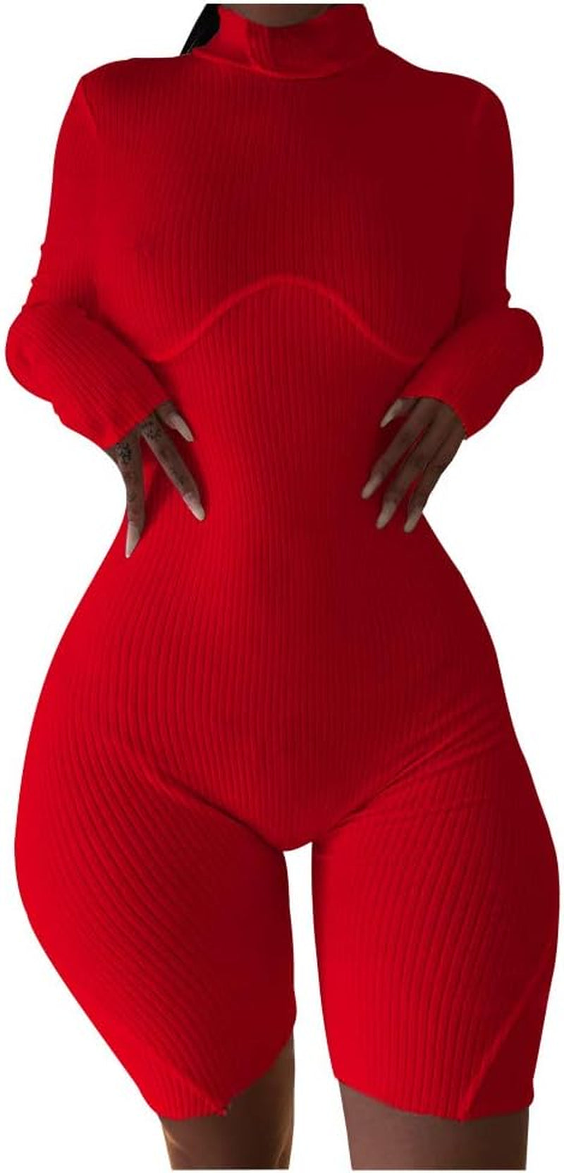 Women Sexy High Neck Long Sleeve Bodycon Romper Jumpsuit Rib Outfits (Medium, Red)