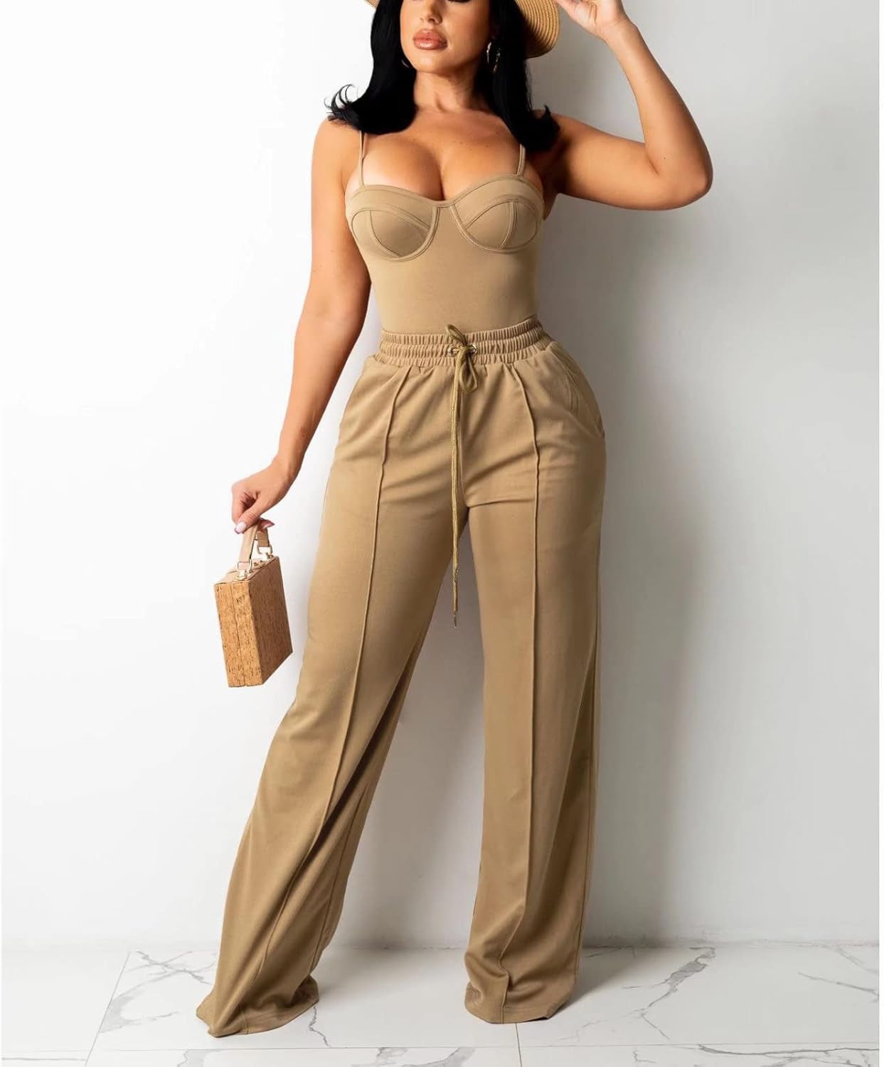 Lounge Sets for Women Two Piece Outfits - Fall Outfits for Women Workout Sets 2 Piece Jumpsuit Spaghetti Straps Crop Top Wide Leg Long Pants with Pockets Sweatsuits Set Clubwear Brown, XL