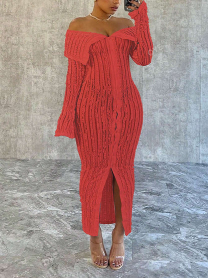 Women'S Off-Shoulder Long Sleeve Knitted Dress