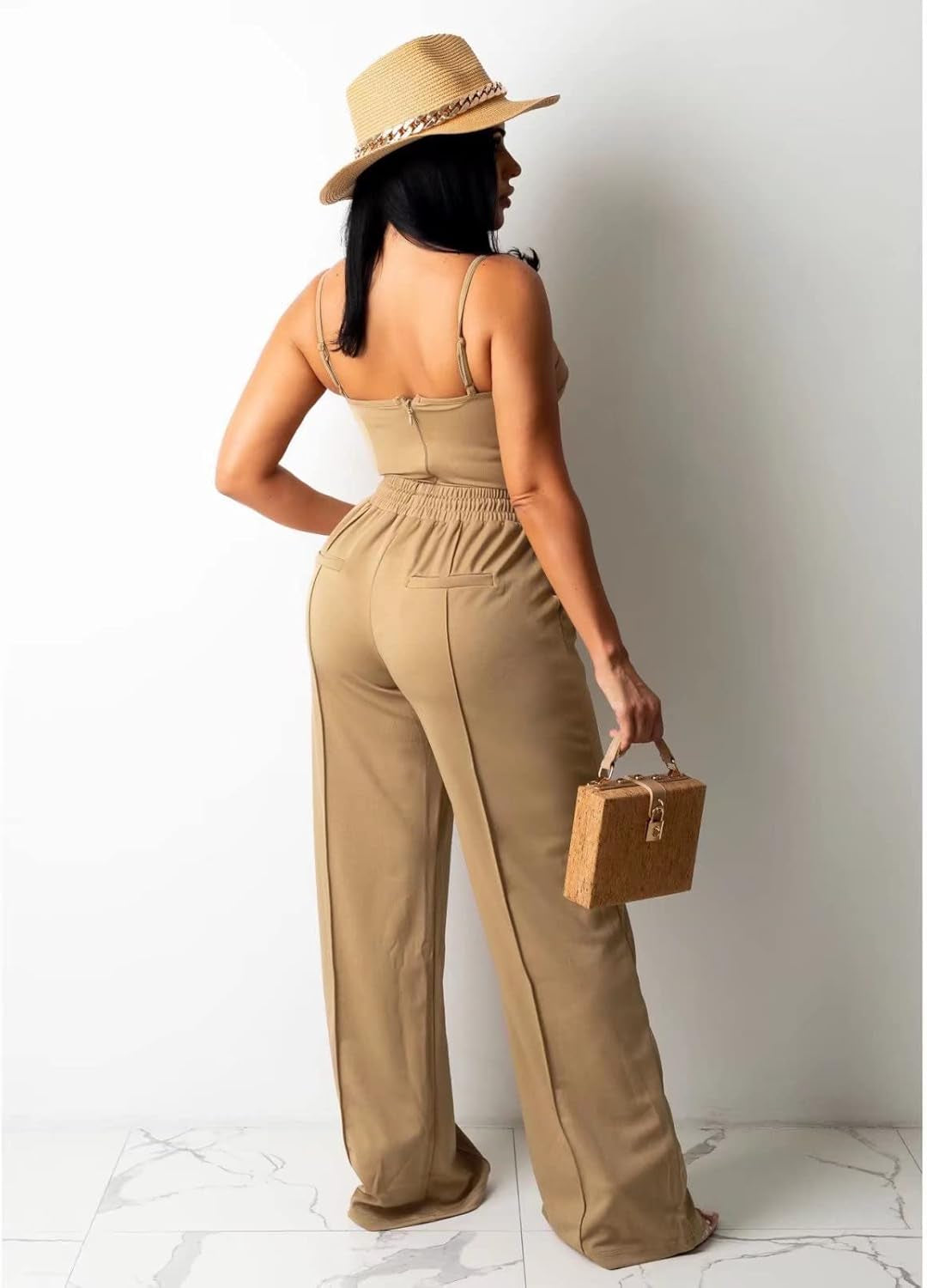 Lounge Sets for Women Two Piece Outfits - Fall Outfits for Women Workout Sets 2 Piece Jumpsuit Spaghetti Straps Crop Top Wide Leg Long Pants with Pockets Sweatsuits Set Clubwear Brown, XL